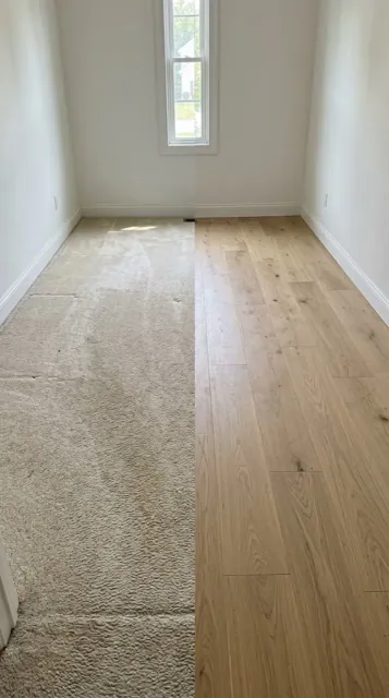 Carpet to hardwood conversion before and after in a Seattle home