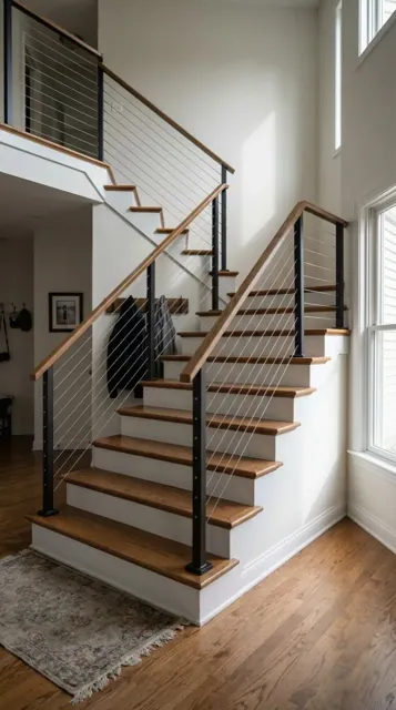 Stainless cable railing on an oak staircase in a Seattle home