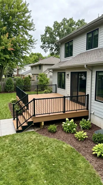 Outdoor deck with black metal railing in a Seattle home